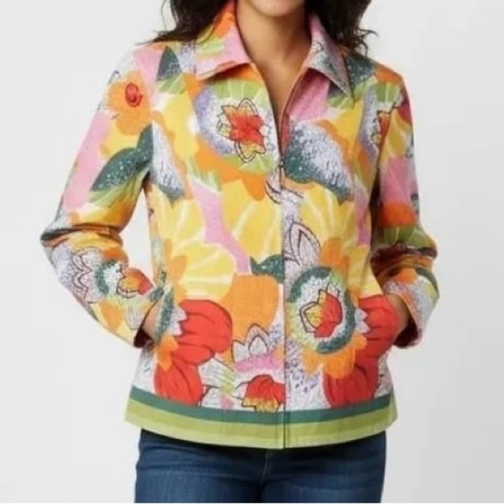 Coldwater Creek Pastel Floral Zip Up Jacket Petite Sz PL Cotton Side Splits